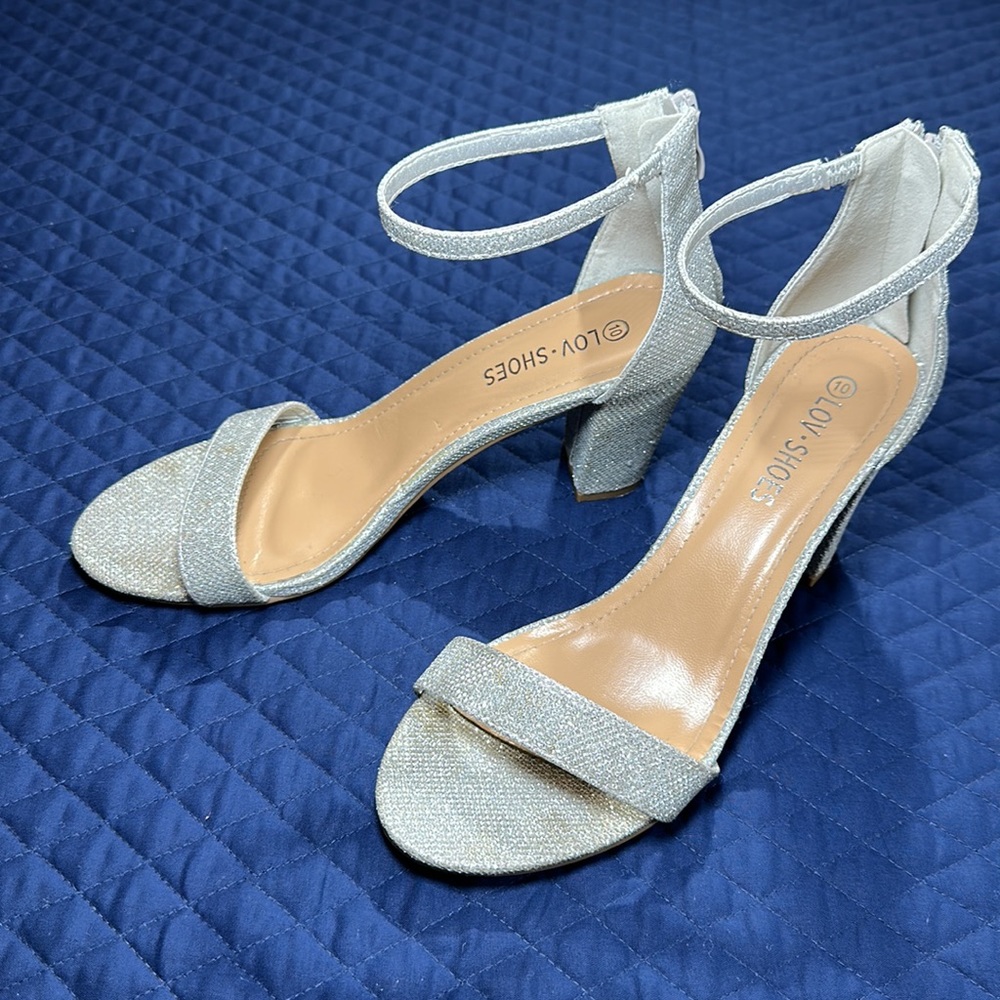 LOV-SHOE Silver Sparkling Ankle Strap Heels. Women’s Size 10. Worn 1 Time.